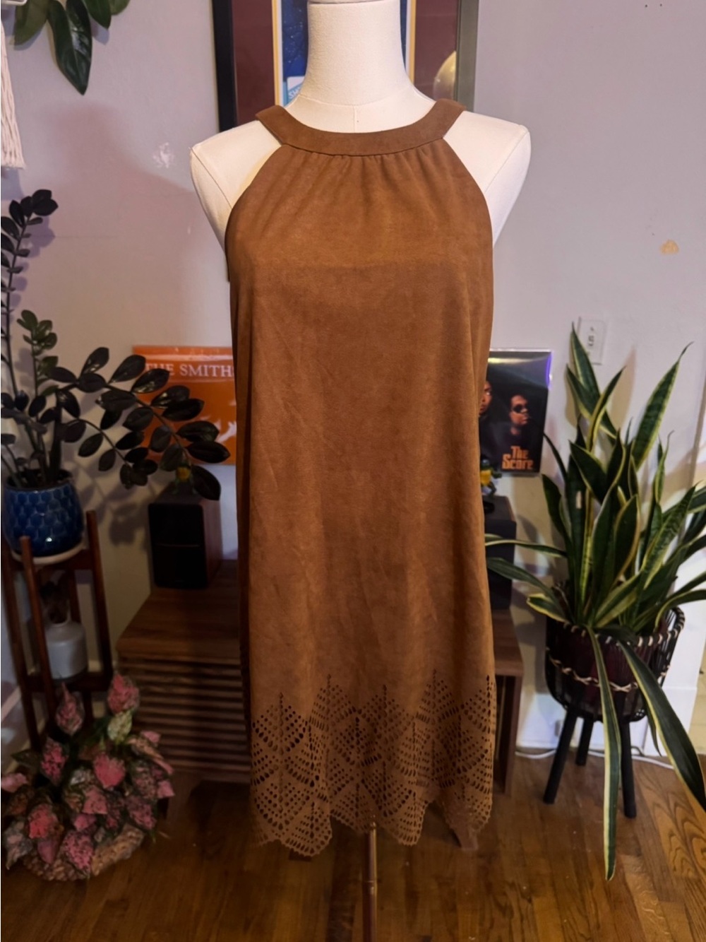 Rue21 Brown Suede Halter Mini Dress with Laser-Cut Hem - Picture 2 of 5